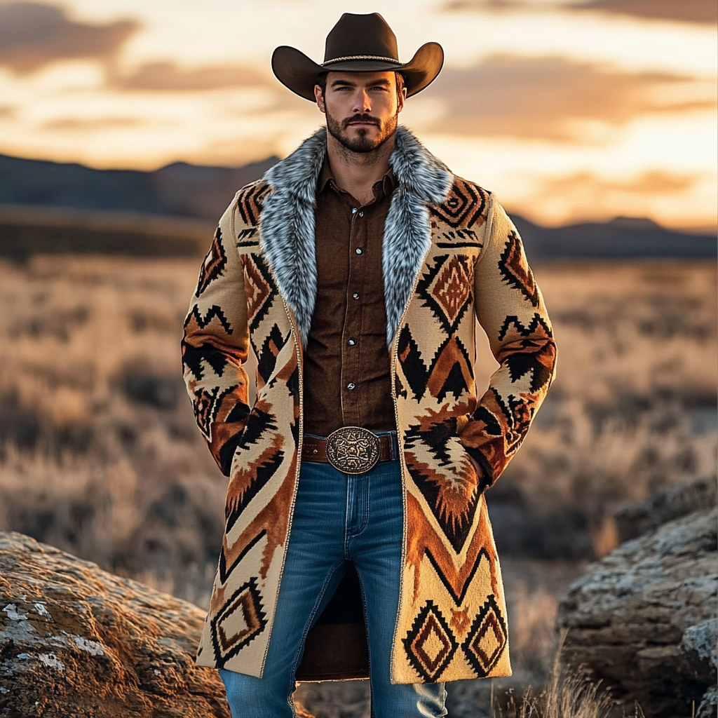 Western Cowboy Retro Aztec Print Ethnic Plush Warm Men's Coat Jacket-inspireuse