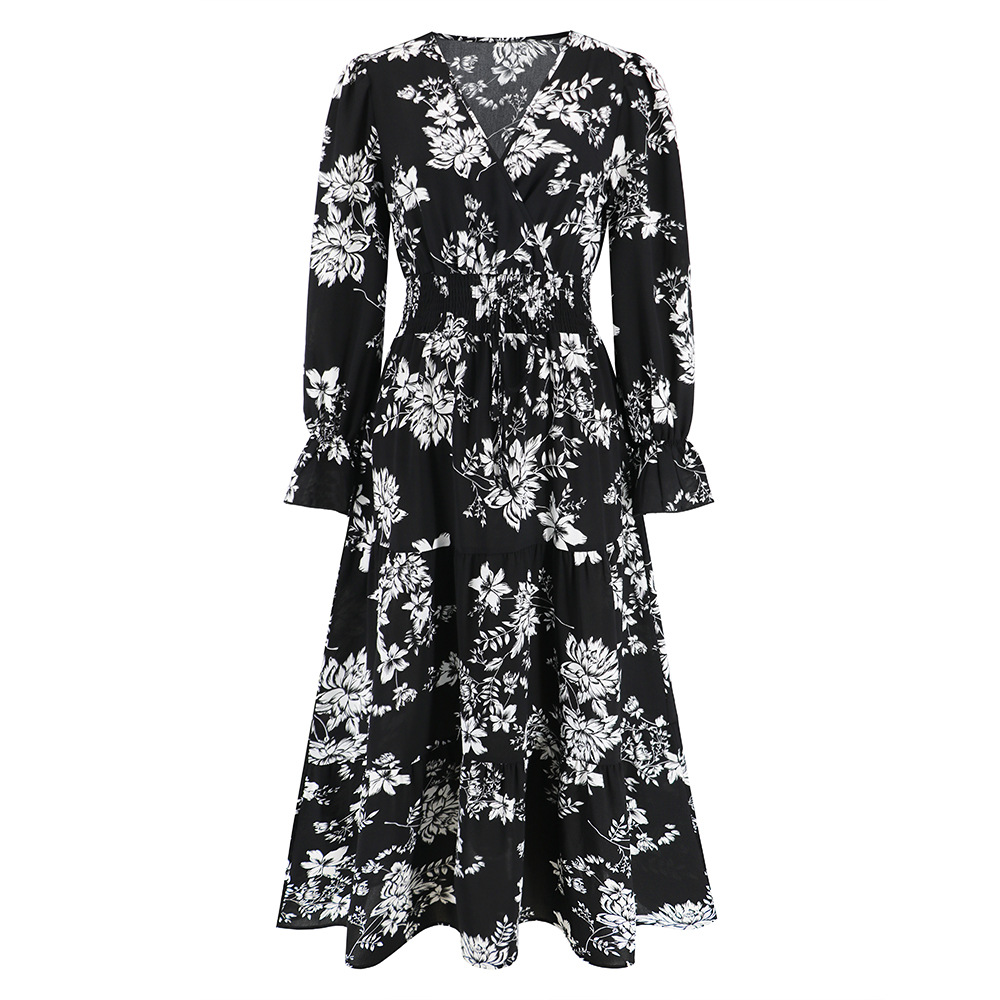 V-neck Waist Trimming Lace Up Long Sleeve Floral Dress