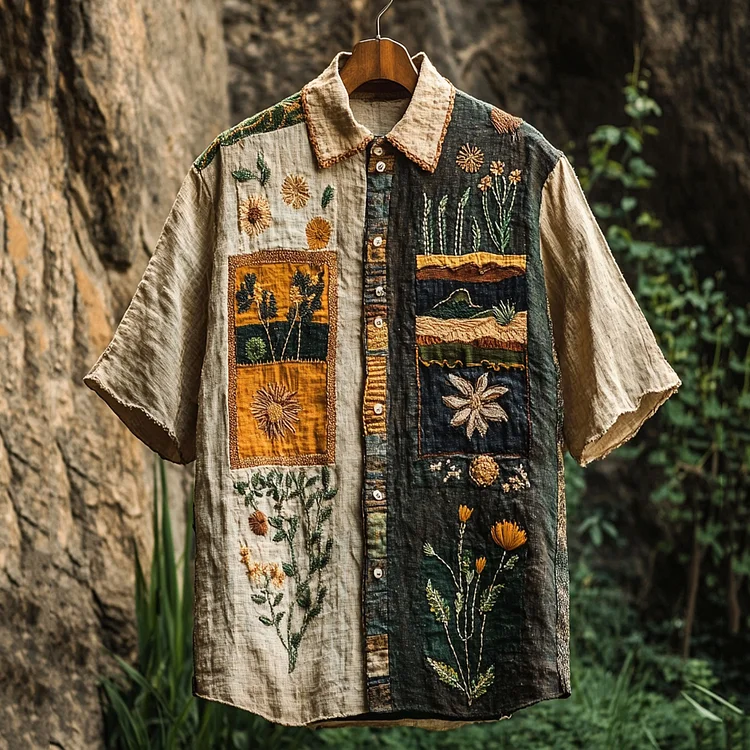 Men's Retro Stitching Contrast Floral Linen Shirt