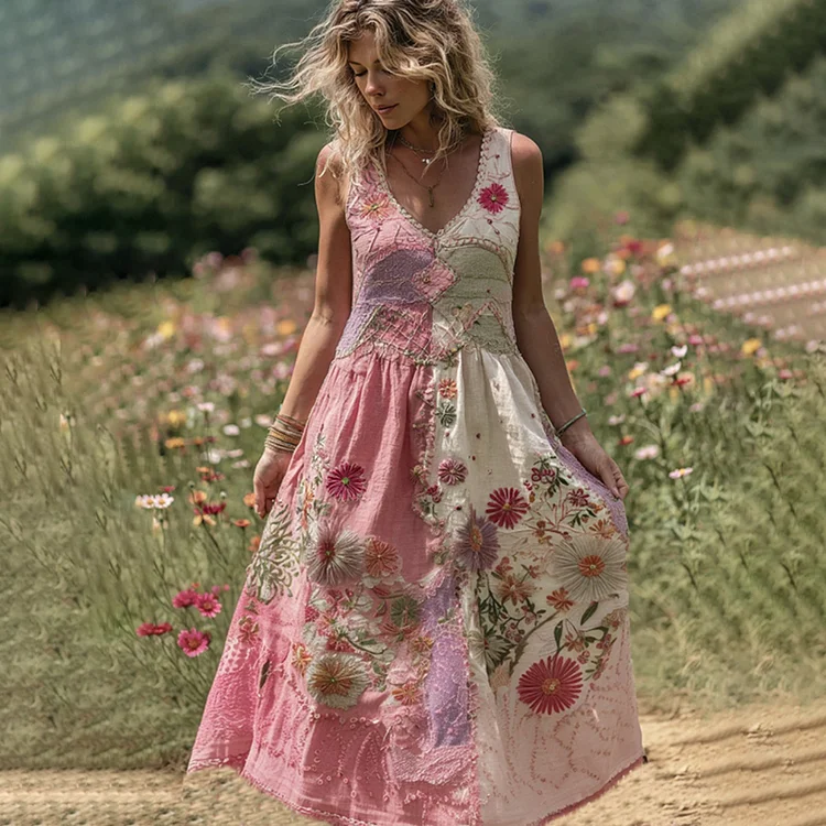 Women's Embroidered Rose Patchwork Maxi Dress