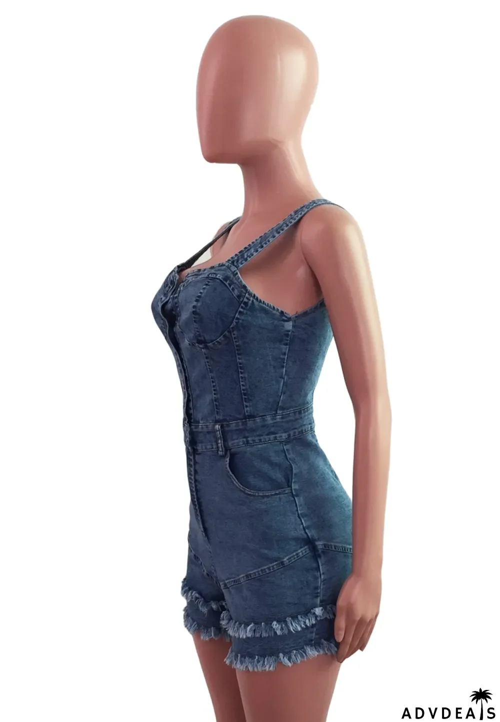 Summer Blue Wide Strap Tassels Denim Rompers