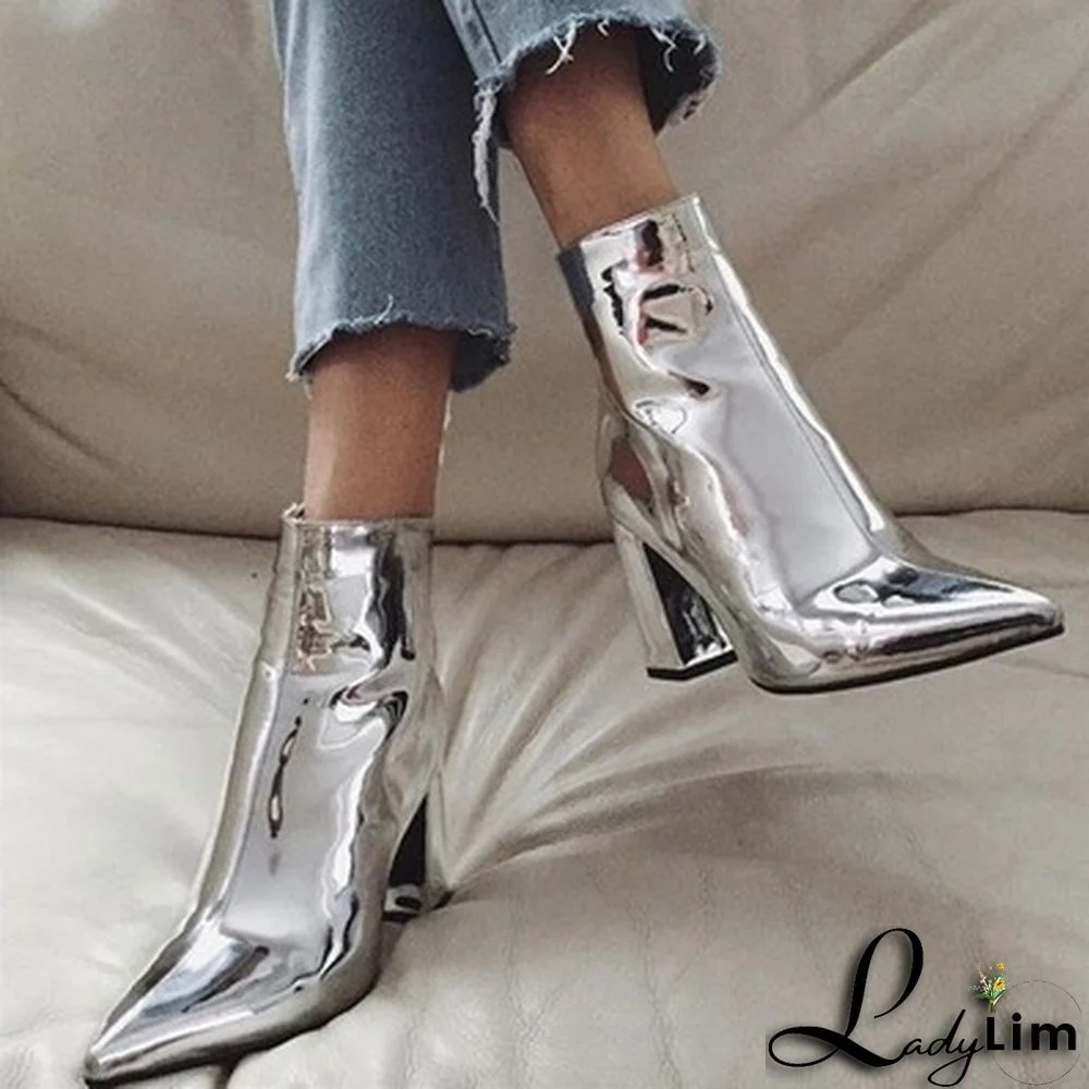 Stylish Patent Leather Pointed Toe Chunky Heel Zip-Up Rider Boots