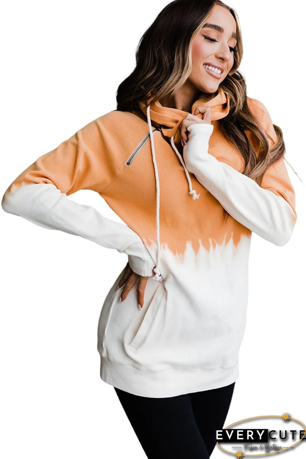 Yellow Colorblock Drawstring Zipper Hoodie with Pockets