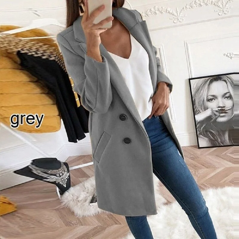 Women Plus Size Coat Blends Overcoat Autumn Winter Fashion Double Breasted Long Sleeve Casual Oversized Jacket Coat