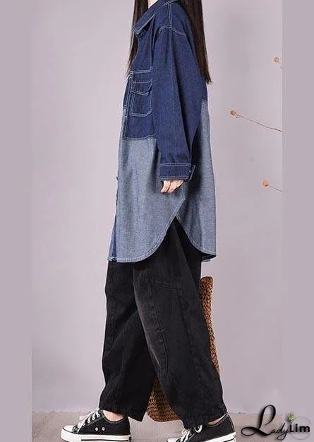Classy Lapel Patchwork Crane Tops Sleeve Denim Dark Blue Blouses