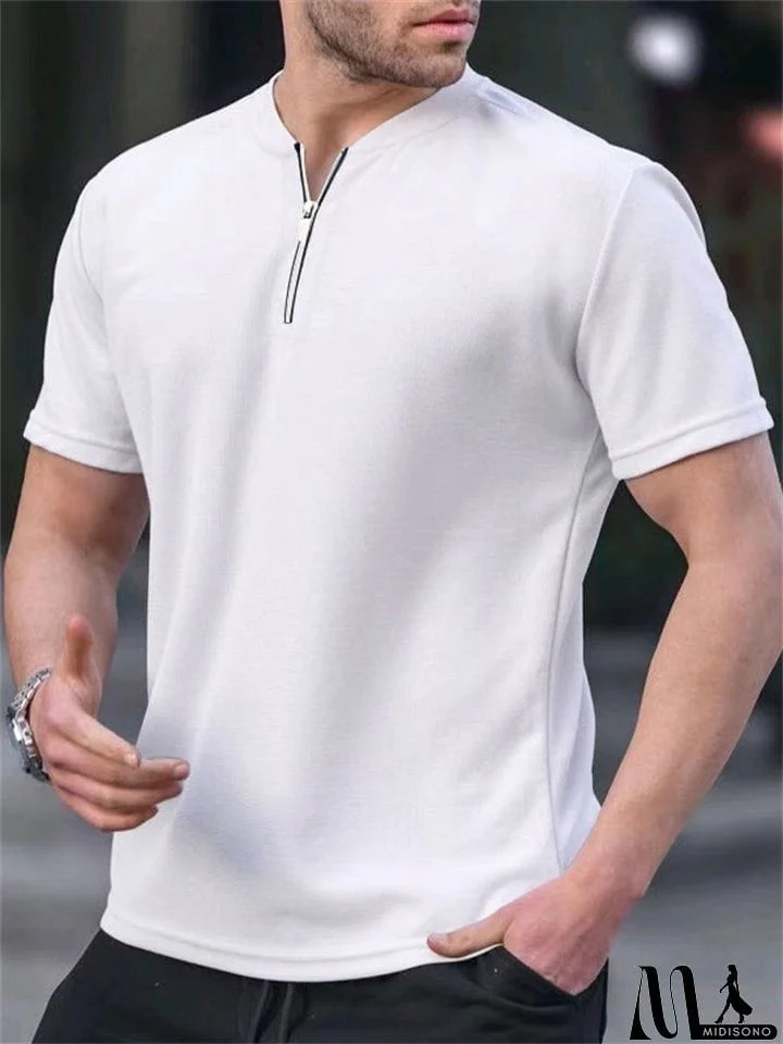 Men's Summer Plain Short Sleeve Zipper Shirts