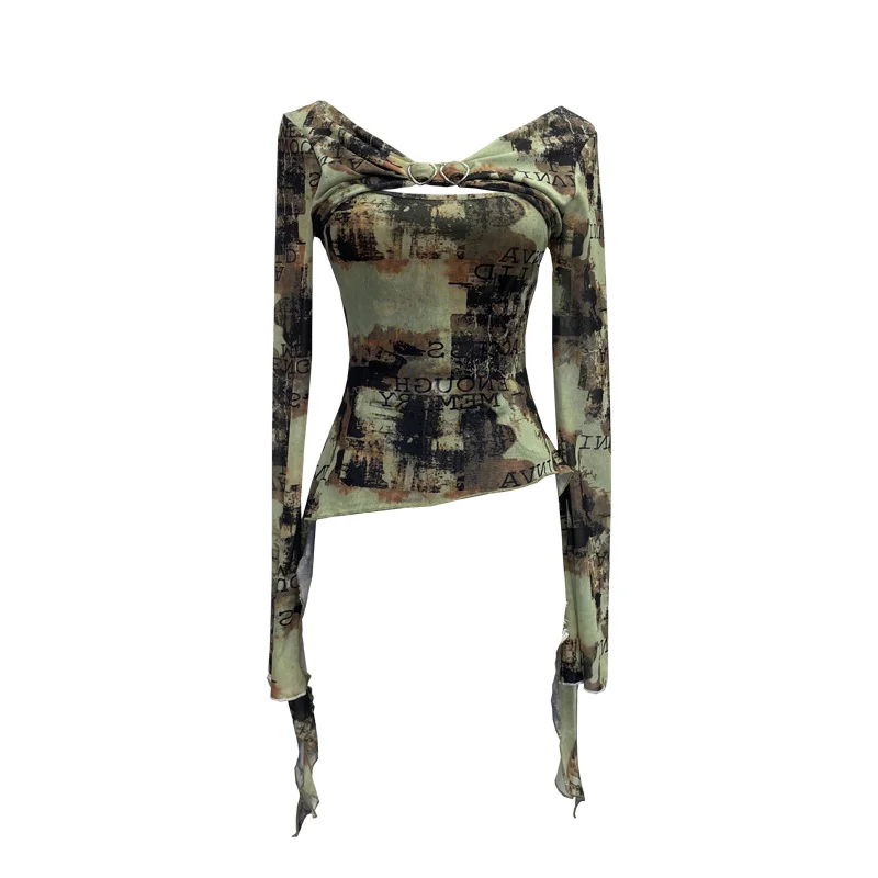 Nigikala Nigikala Shooting Strapped With Hollow Retro Print Long-Sleeved Mesh T-Shirt Ribbon Design Spring And Summer Top 1195