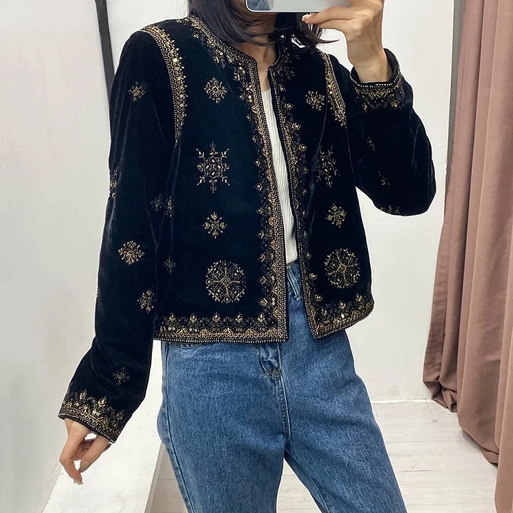 Dubeyi Women's Replica Ethnic Style Heavy Industrial Embroidered Sequin Decorated Jacket Velvet Short Cardigan Autumn and Winter Women