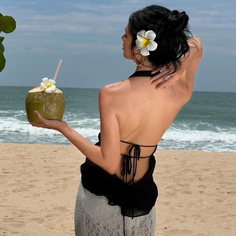 Uveng Uveng Women's Wear 2024 Summer New Fashion Sexy Solid Color Back Strap Hollow Out Slim Neck Top