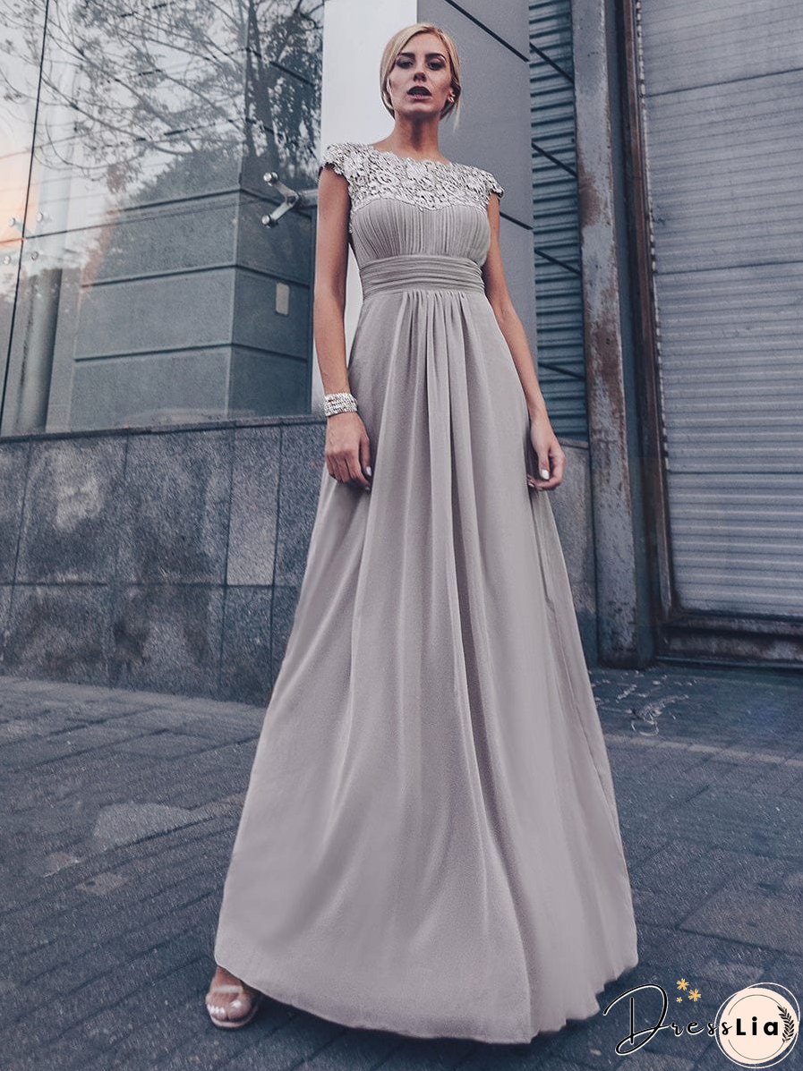 Elegant Lace Cap Sleeve Chiffon Evening Gown with Rhinestone-Embellished Neckline