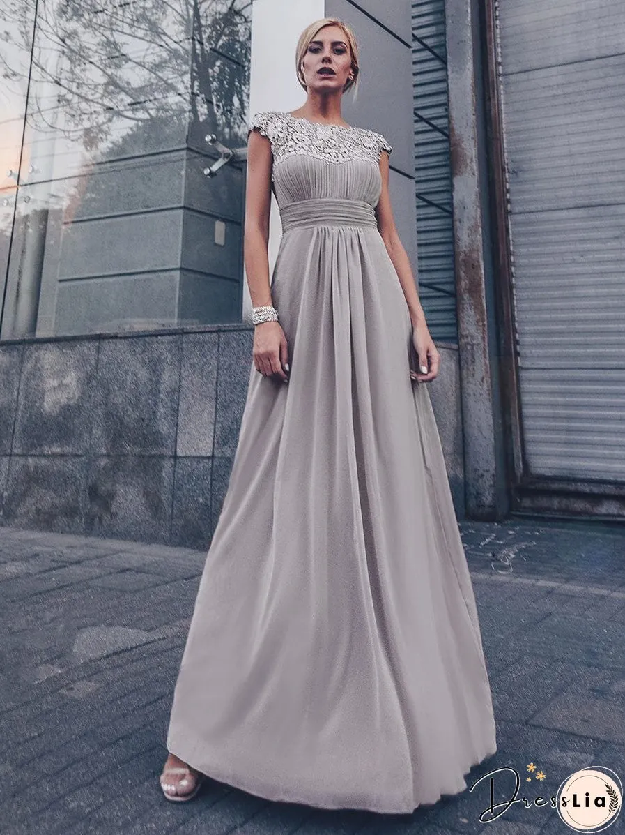 Elegant Lace Cap Sleeve Chiffon Evening Gown with Rhinestone-Embellished Neckline