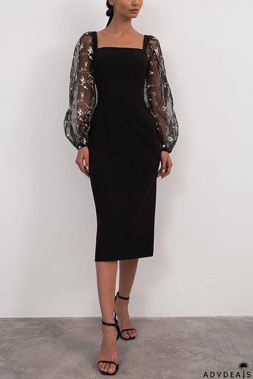 Tulle Sleeve Square Neck Bodycon Midi Dress