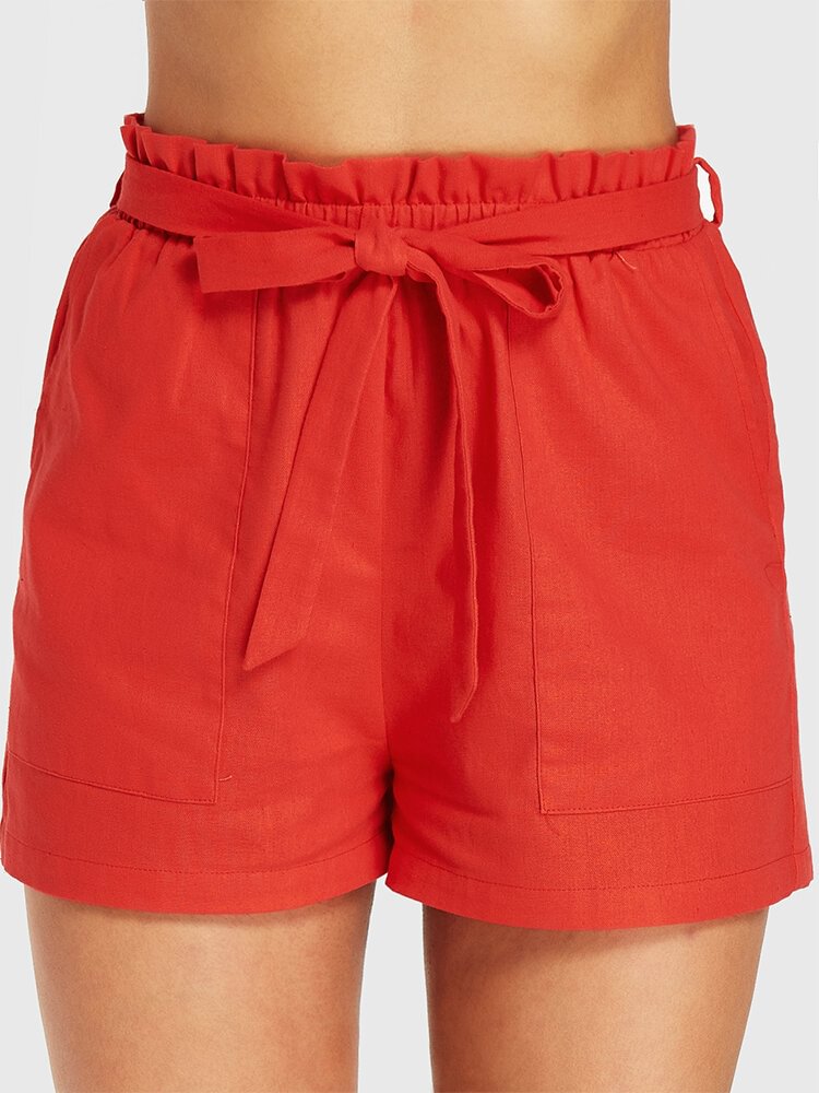 Solid Color Plain Waistband Pocket Casual Short for Women