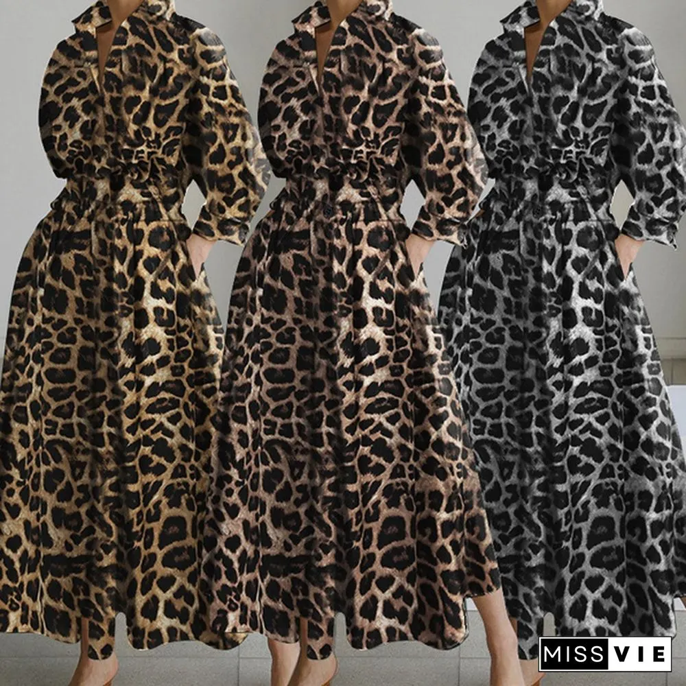 Womens Bohemian Leopard Print Maxi Dress Elegant Full Sleeve Casual Swing Mid-Calf