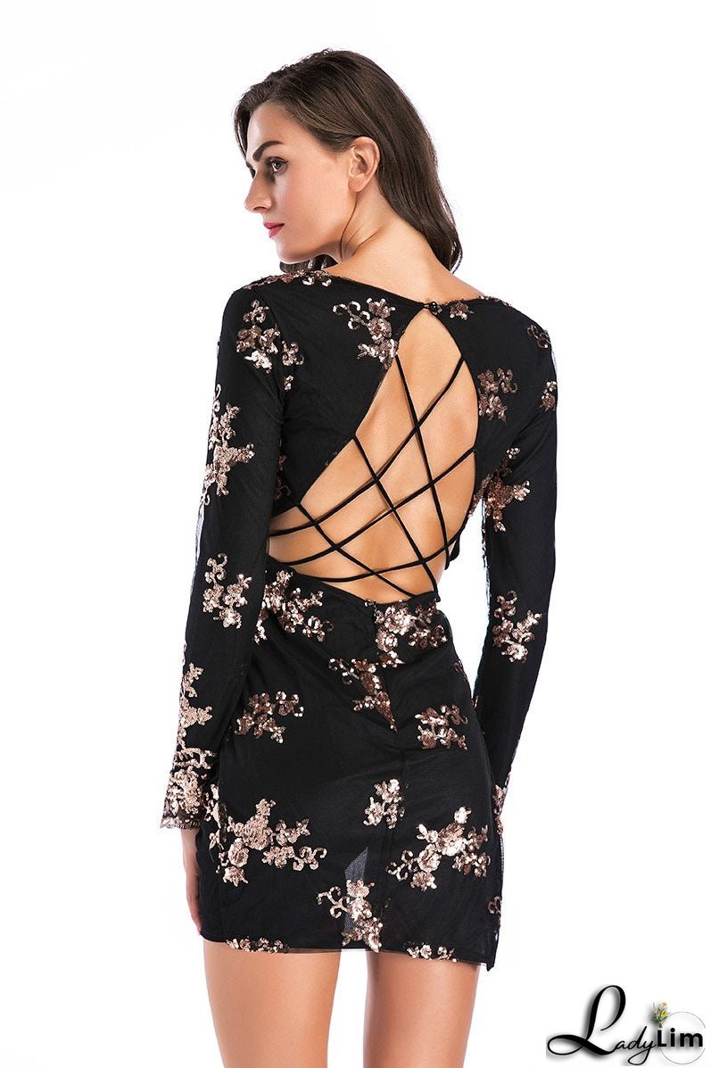 Asymmetrical Hem V-neck Cutout Back Sequined Mini Dress