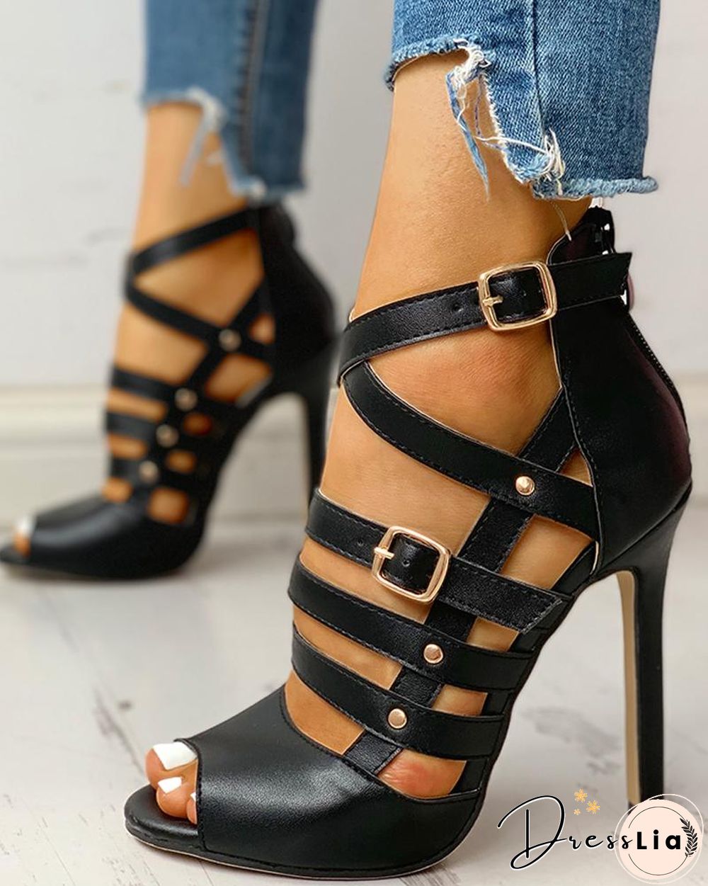Solid Hollow Out Ankle Strap Thin Heeled Sandals