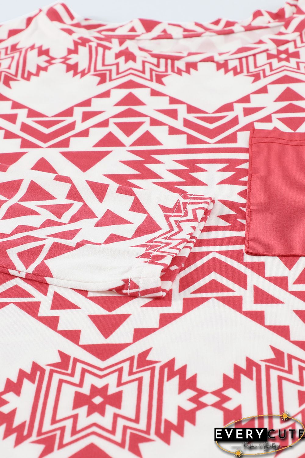 Red Aztec Print Splicing Pocket Long Sleeve Top