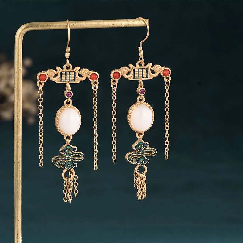 White Jade Chinese Style Tassel Drop Dangle Earrings