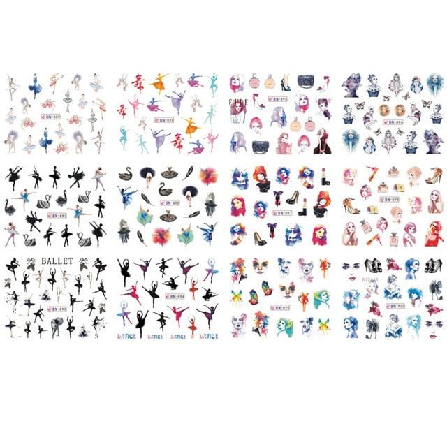 Nail Stickers Water Transfer Ballet Abstract Art Designs 12Pcs/Set Nail Decal Decoration Tips For Beauty Salons