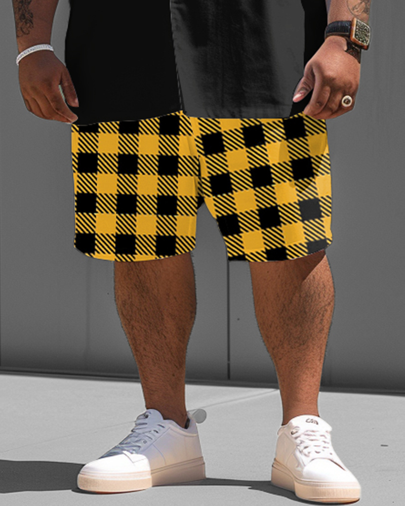 Men's Plus Size Classic Plaid Short Sleeve Shirt Shorts Suit