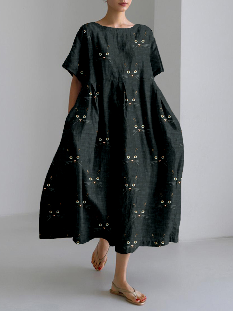 Comstylish Cute Cat Face Pattern Linen Blend Cozy Maxi Dress