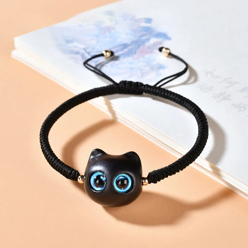 Ebony Wood Cat Head Pattern Peace King Kong Knot Braided Bracelet