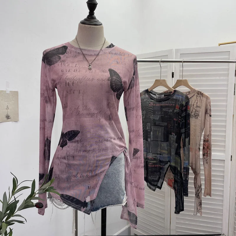 Uveng Vintage Tie-Dye-Print Net Yarn Jersey Long-Sleeved Top Irregularly T-Shirt With Thin Short T-Shirt 1919