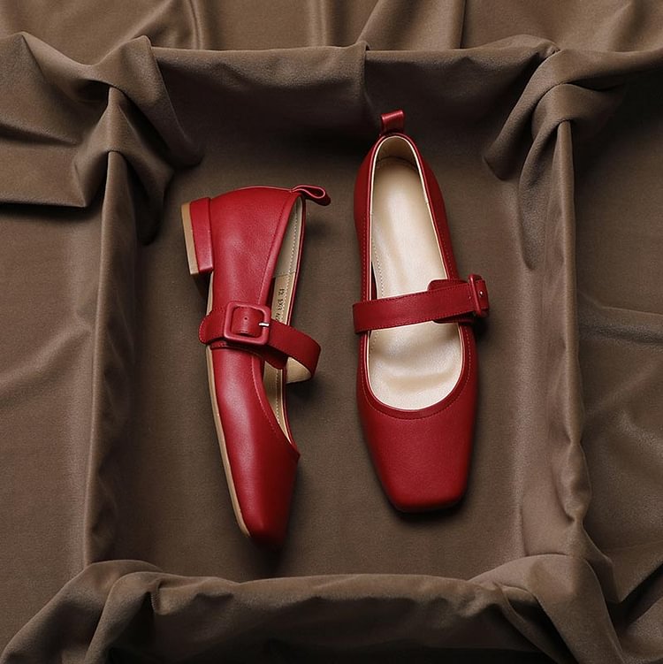 Vintage Pure Color Square Toe Mary Janes Flats Shoes - Modakawa Modakawa