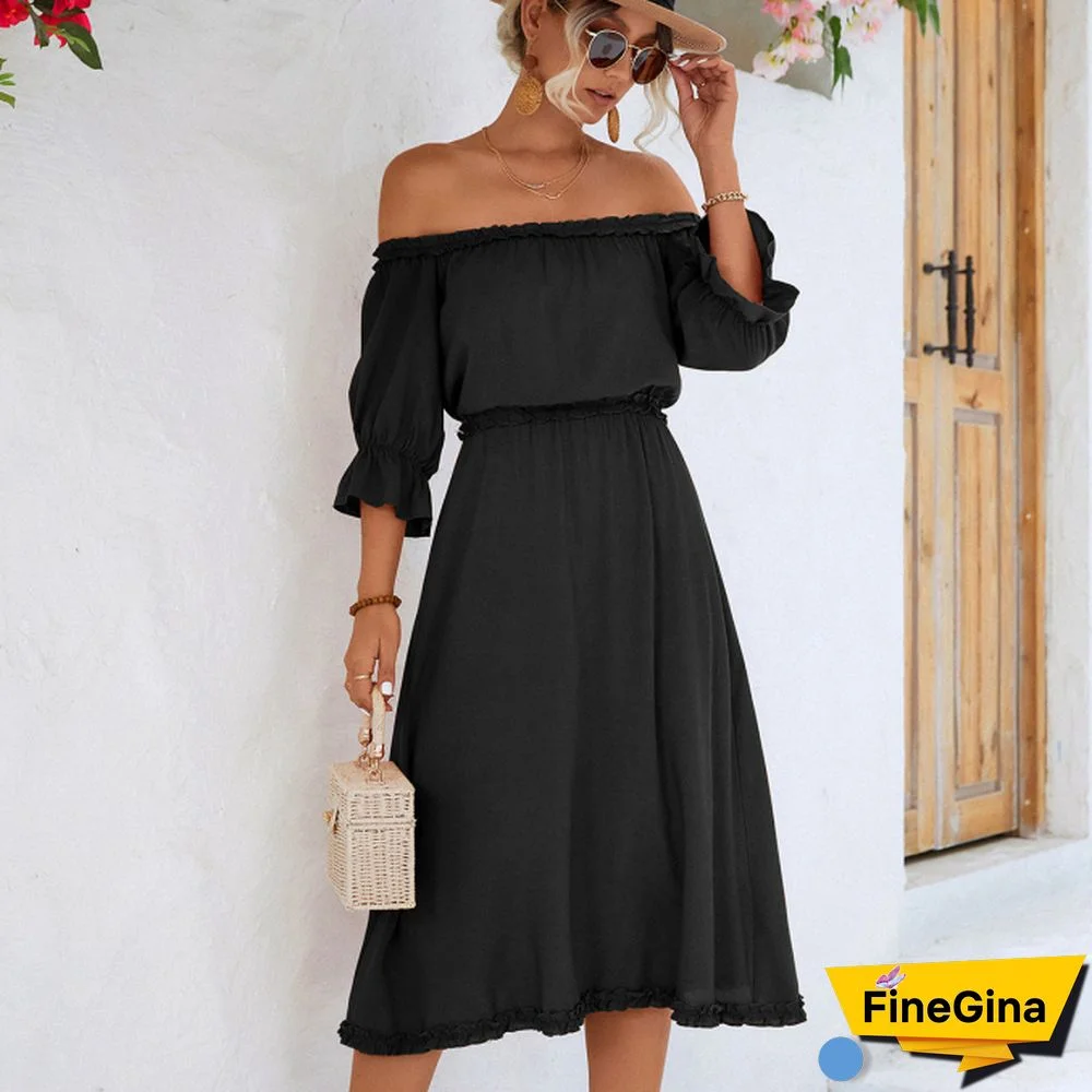 Solid Color Off The Shoulder Frill Casual Dress