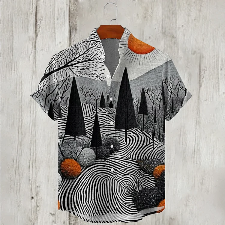 Simpfit Vintage Landschaft Kunst Grafik Leinen Herrenhemd