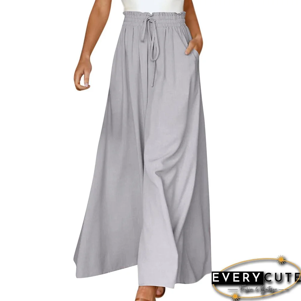 Light Gray Elatic Belt Wide Leg Long Culotte