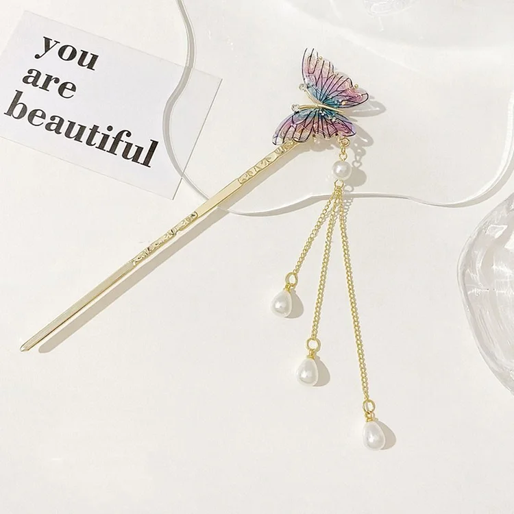 Lvtrad Pearl Tassel Hair Stick Hair Accessories Butterfly Hair Fork Hair Ornament Hair Jewelry