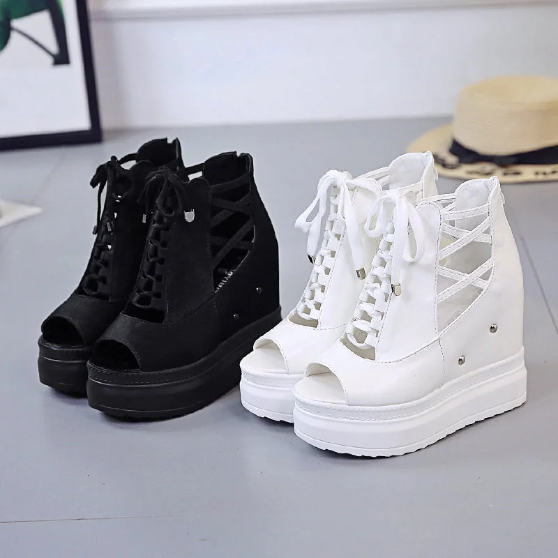 Summer Height Increasing Ankle Boots For Women Hollow Out Pep Toe Shoes Woman Fashion Cross Strap Chunky Platform Booties