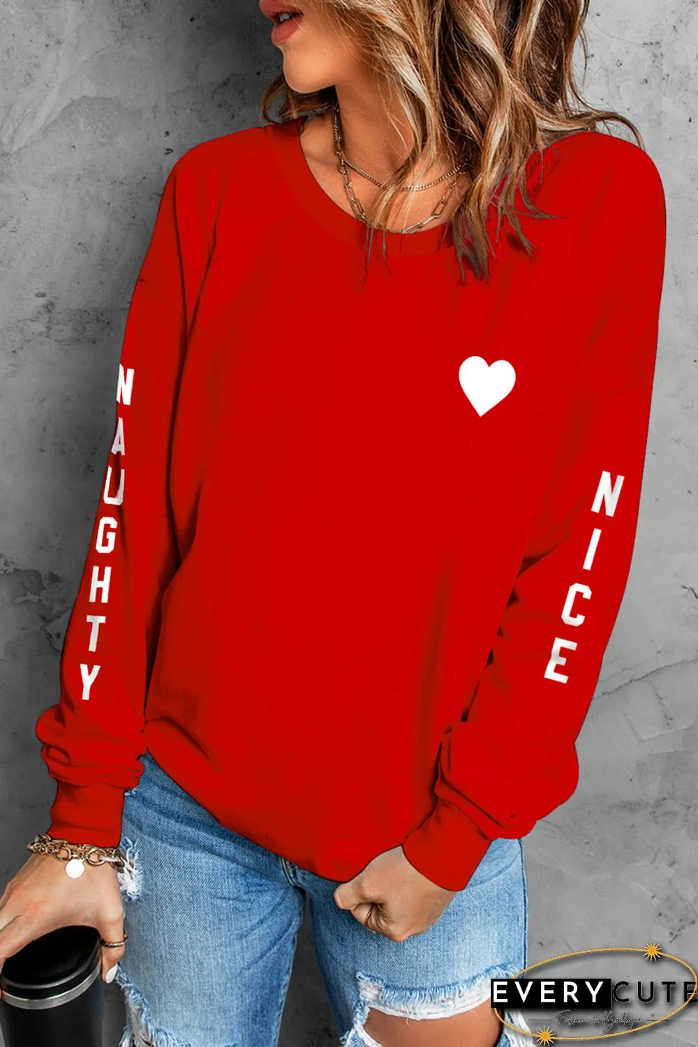 Red Letters Print Long Sleeve Pullover Sweatshirt