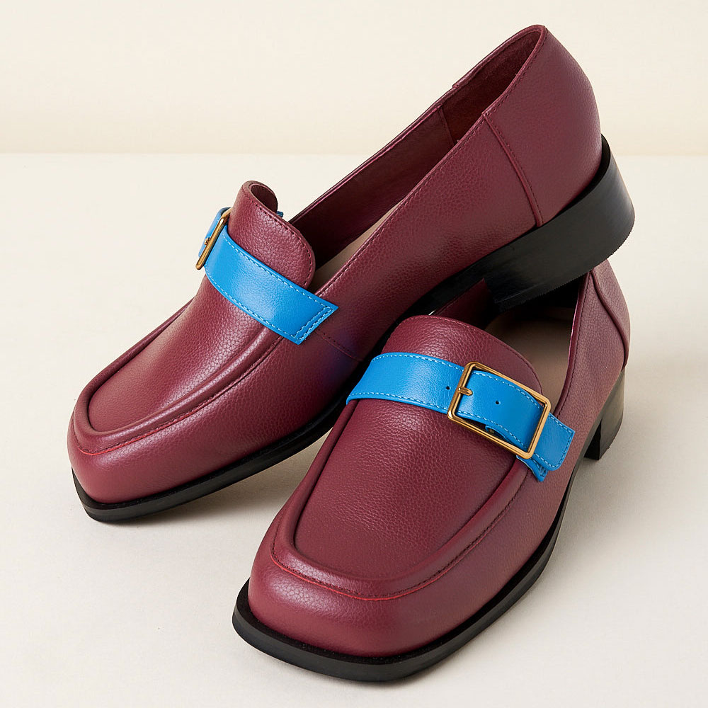 Maroon Square Toe Low Chunky Heel Women's Loafers with Blue Decor Nicepairs
