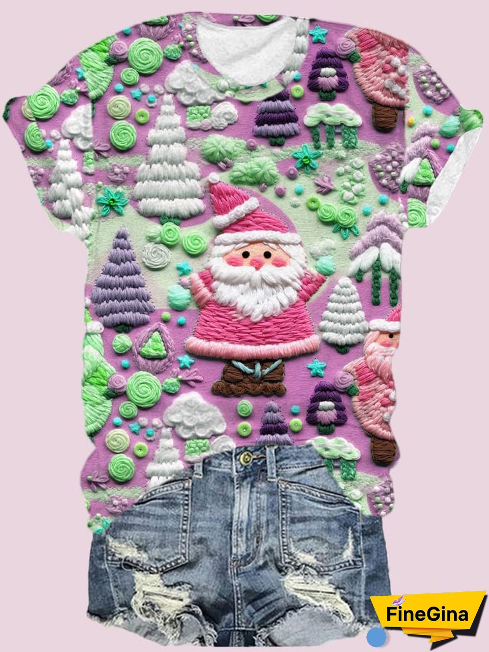 Women's Pink Santa Print Short Sleeve T-Shirt