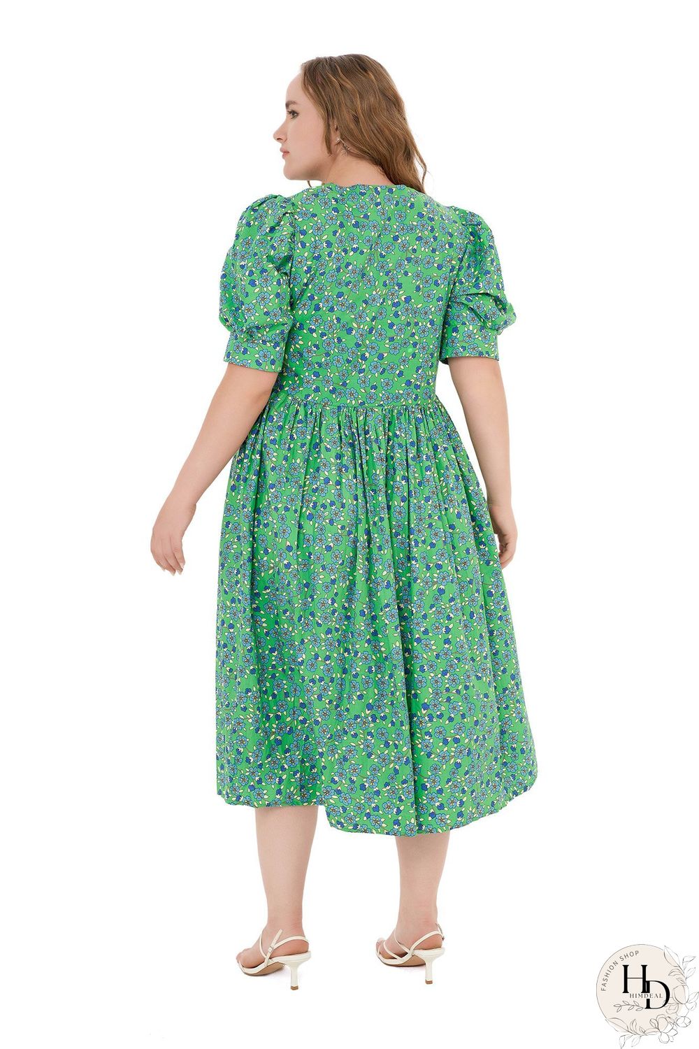 Floral Print Puff-sleeved Button Front Midi Dress P11899
