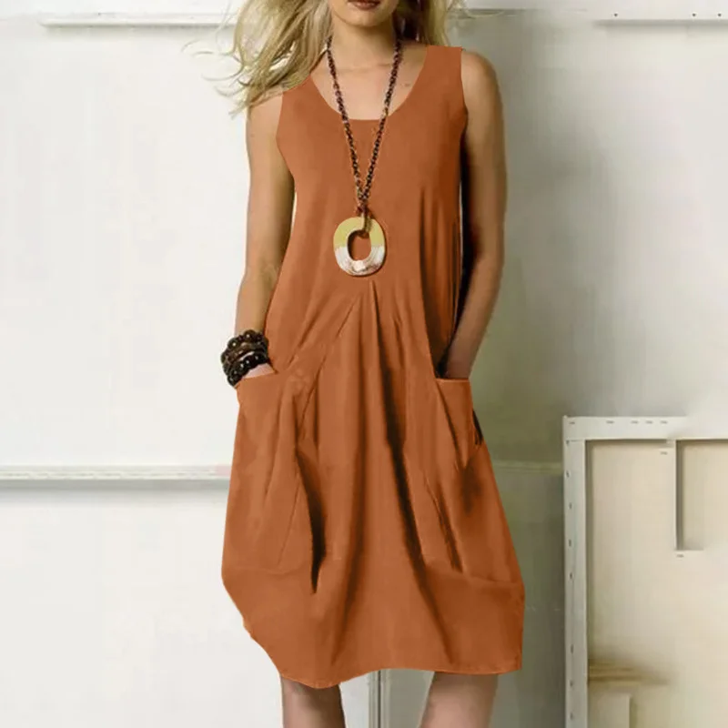 Solid Color Simple Sleeveless Casual Midi Dress