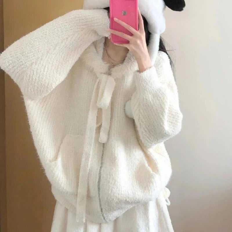 Aiertu Kawaii Sweet Knitted Cardigan Women Elegant Zip Up Hooded Cardigan Cute Japanese Style Solid Autumn Winter Sweater Coat Aiertu