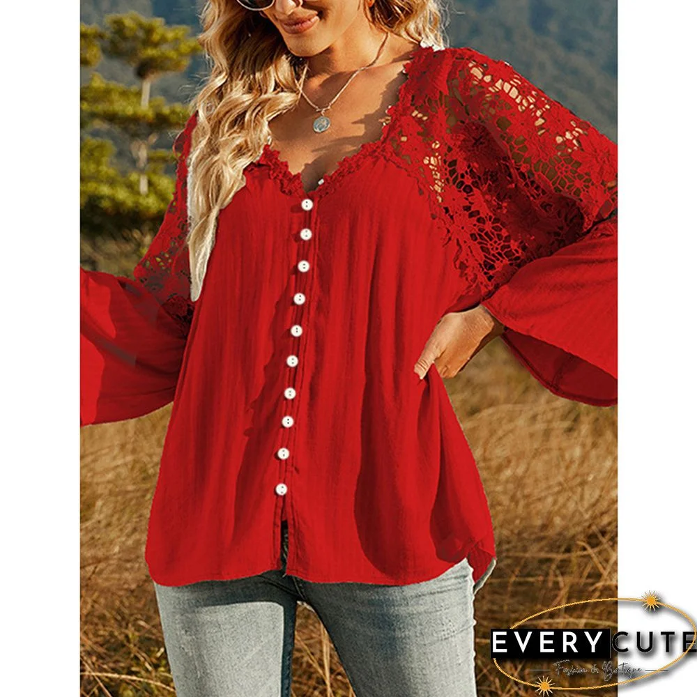 Red Lace Crochet V Neck Long Sleeve Blouse