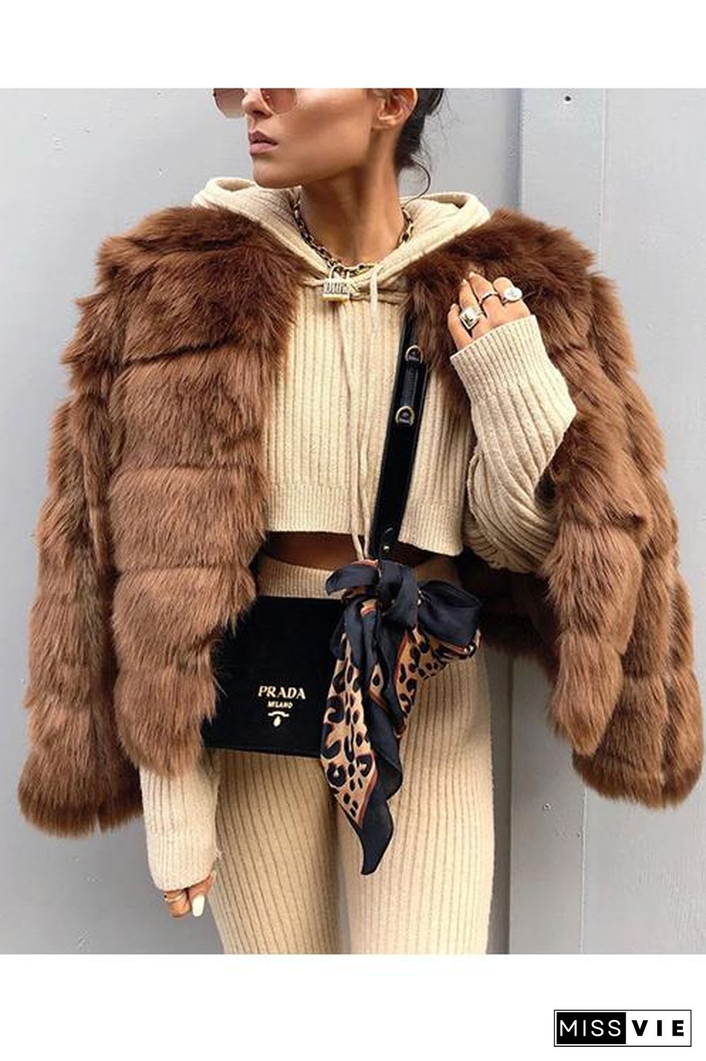 Layer O Neck Faux Fur Coat