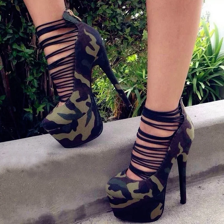 Camouflage Strappy Platform High Heel Shoes Vdcoo
