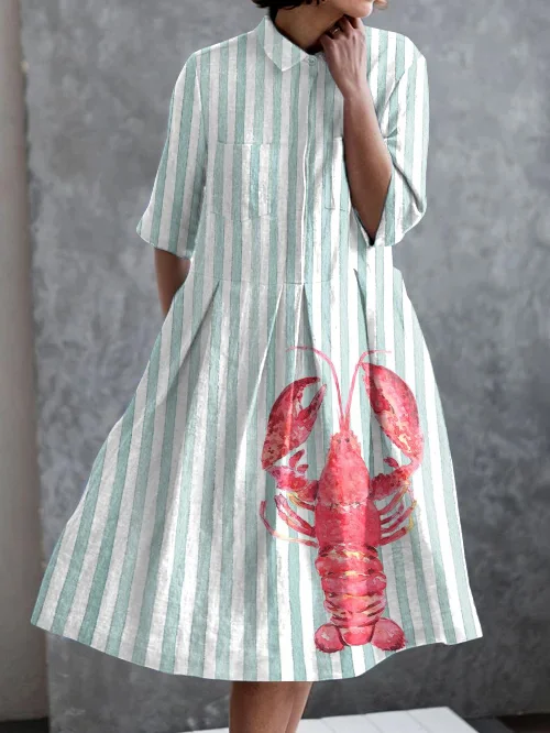 Vacation Abstract Stripe Lobster Print Casual Pocket Half Sleeve Dress