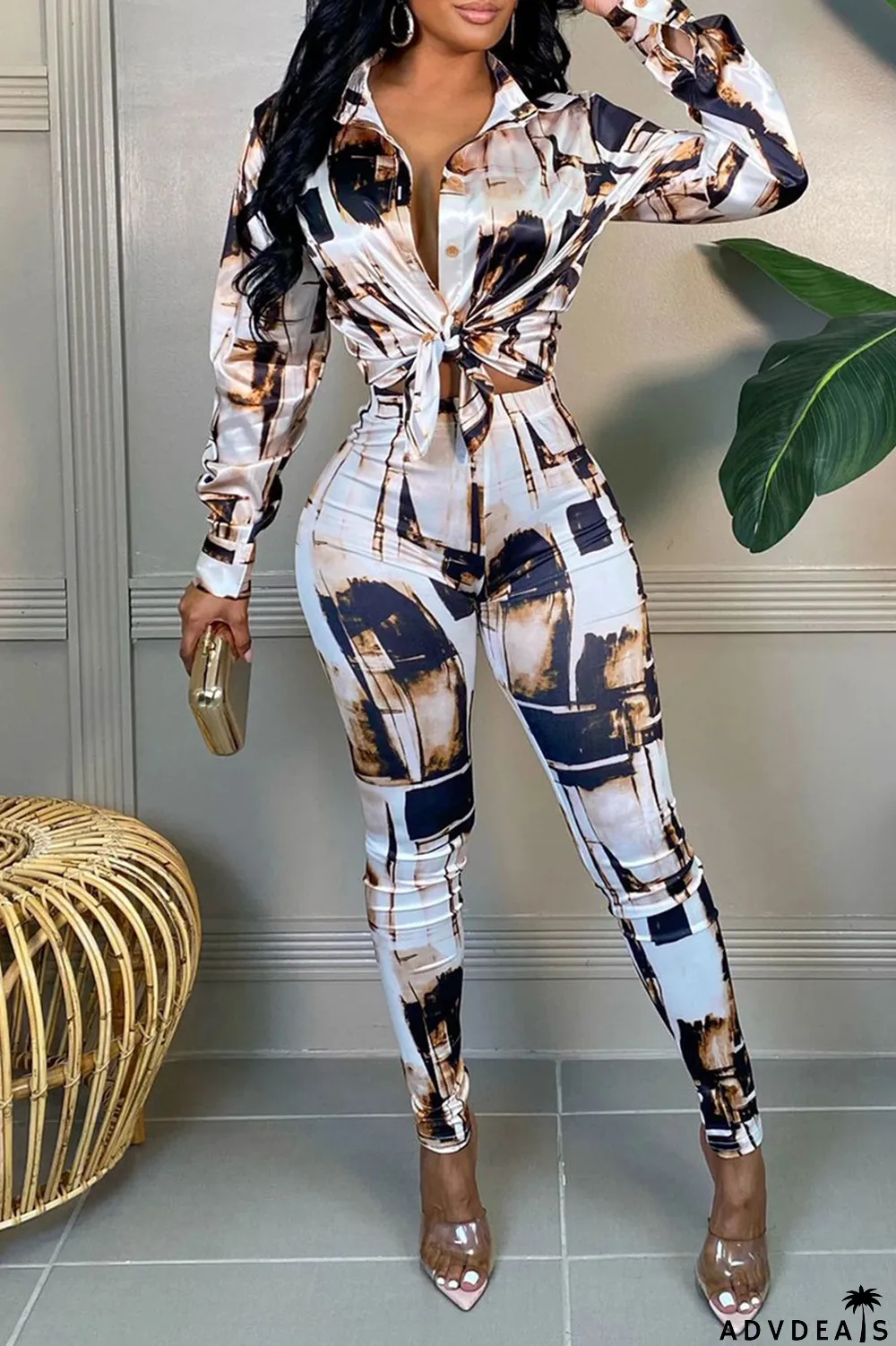 White Fashion Casual Print Basic Turndown Collar Long Sleeve Two Pieces