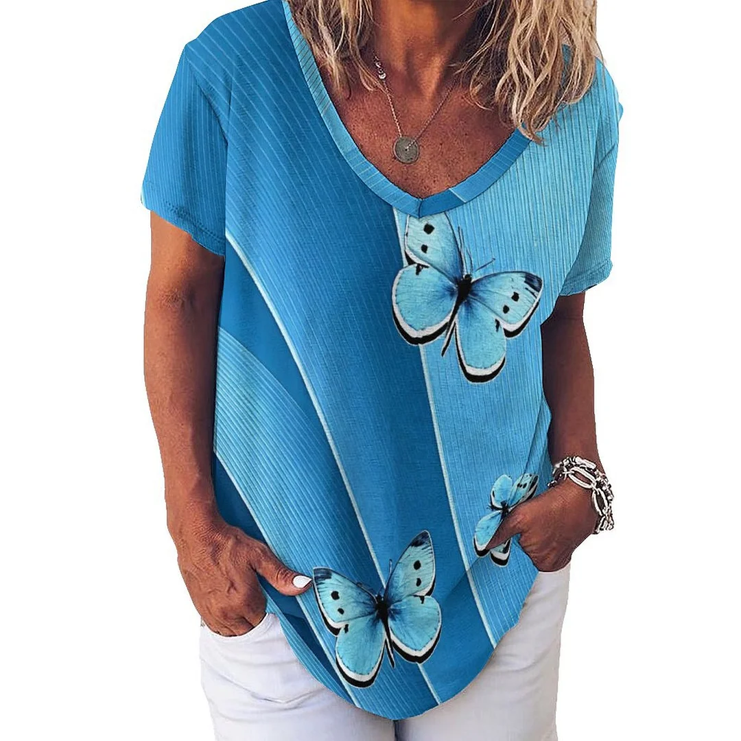 V-neck Short Sleeve Casual T-shirt for  Women Printed with Pattern Butterfly, Blue, Texture