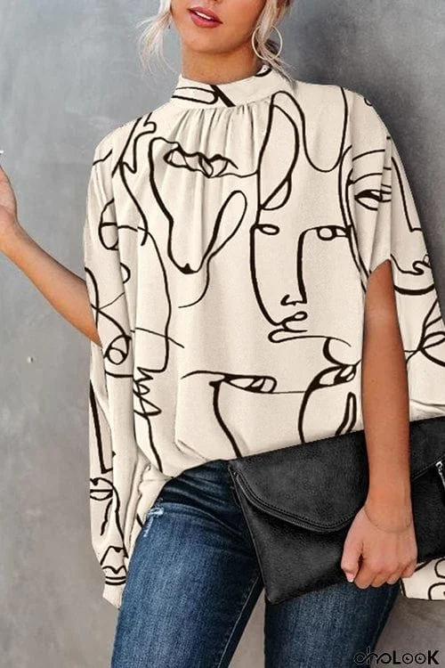 Casual Loose Printed Bat Sleeve T-Shirt