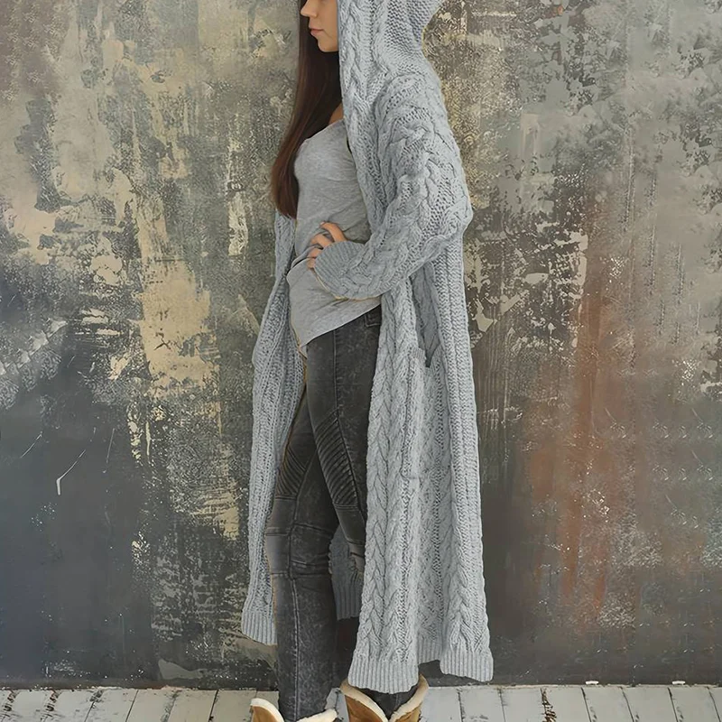 Women'S Solid Color Hooded Knitted Cardigan