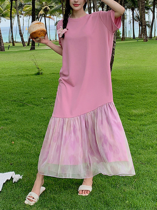 Patchwork Sheer Like Contrast Hem Loose Short Sleeve Midi Dress