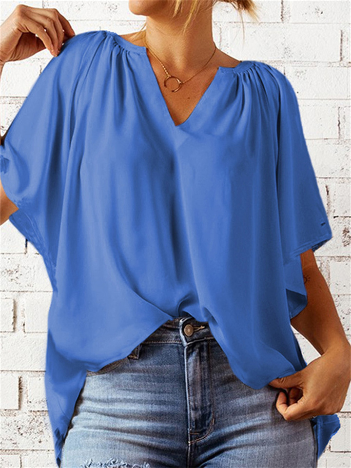 Summer Loose V-neck Tops Casual Women's T-shirt Chiffon Shirt-JRSEE