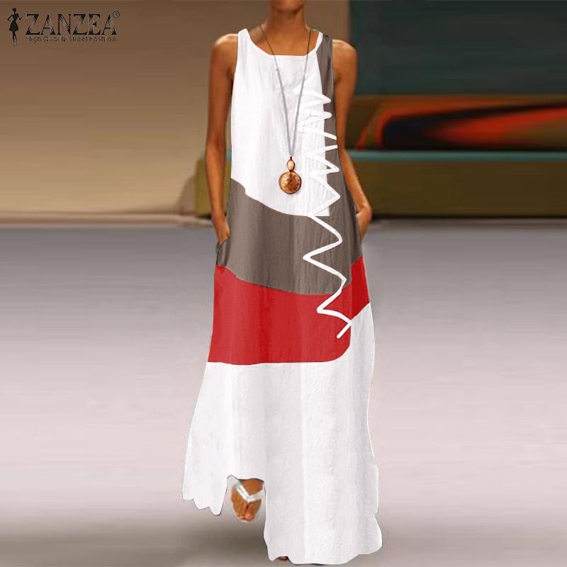 ZANZEA 2021 Women's Vintage Color Stitching Maxi Dress Summer Sleeveless Tank Vestidos Female O Neck Sundress Casual Robe Femme7